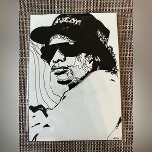 Eazy E Black and White Abstract Portrait Art 5x7 inch Original pen and paint